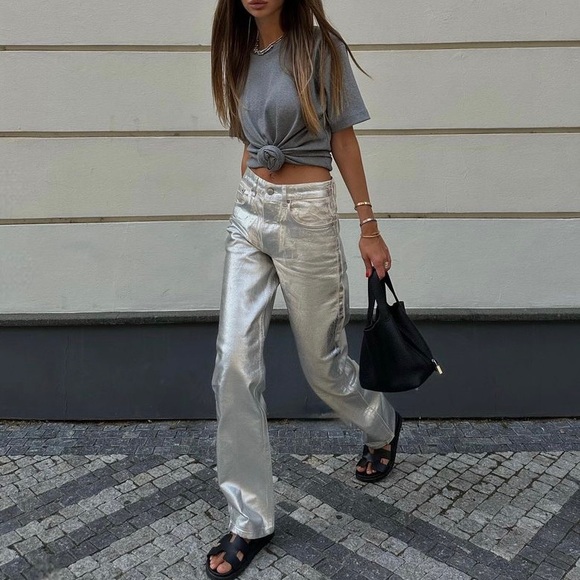 Zara Denim - Zara silver metallic wide leg jeans the boy boy fit